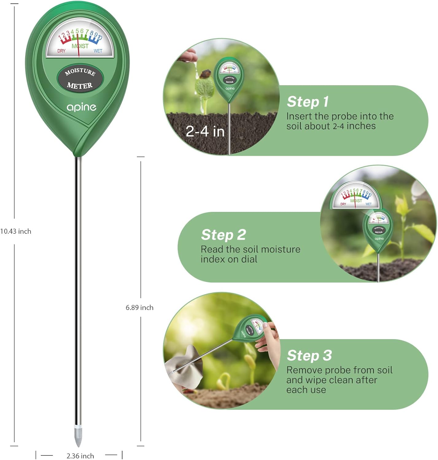 apine Soil Moisture Meter,Plants Moisture Meter,Plant Water Meter for Indoor/Outdoor Plants,Hydrometer for Plants(Green)