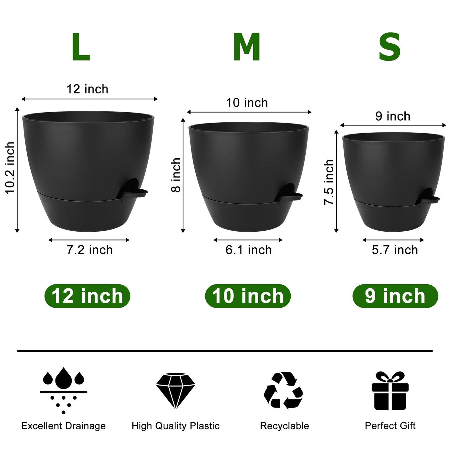 Plant Pots 10/9/8/7.5/7 Inch Self Watering Pots, Set of 5 Plastic Planters with Drainage Holes and Saucers,Plastic Flower Pots,Nursery Planting Pot for Indoor Out Door Plants(Green)