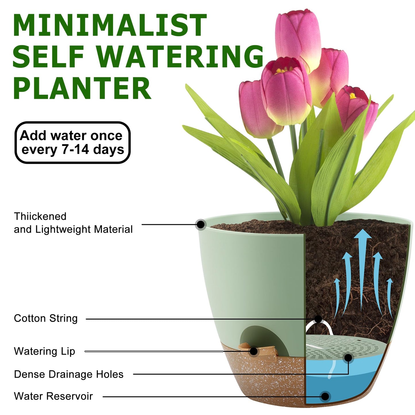 Plant Pots 10/9/8/7.5/7 Inch Self Watering Pots, Set of 5 Plastic Planters with Drainage Holes and Saucers,Plastic Flower Pots,Nursery Planting Pot for Indoor Out Door Plants(Green)