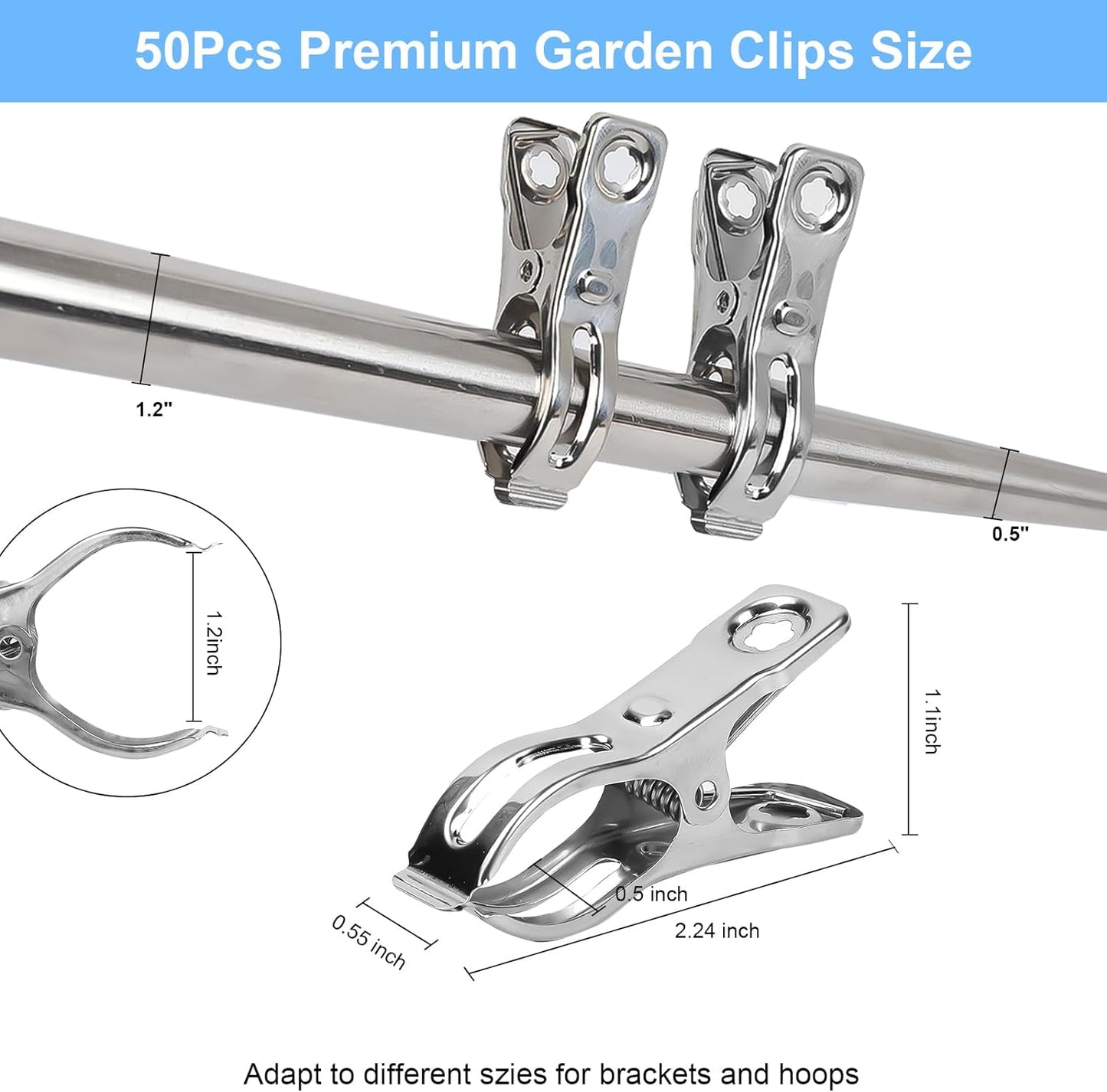50 Pcs Garden Clips, 2.3 inch Greenhouse Clamps, Stainless Steel Greenhouse Clip for Netting, Heavy Duty Row Cover Clips with a Strong Grip for Shade Cloth or Plant Cover on Gardening Hoops karmiero