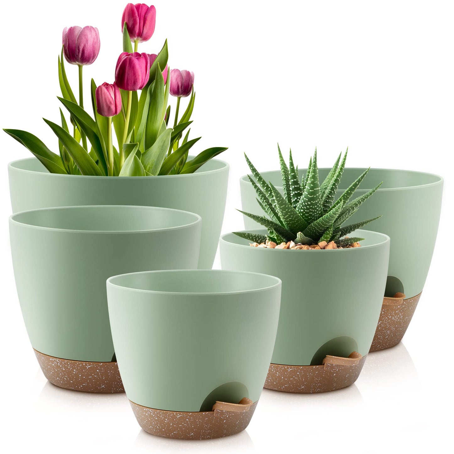 Plant Pots 10/9/8/7.5/7 Inch Self Watering Pots, Set of 5 Plastic Planters with Drainage Holes and Saucers,Plastic Flower Pots,Nursery Planting Pot for Indoor Out Door Plants(Green)