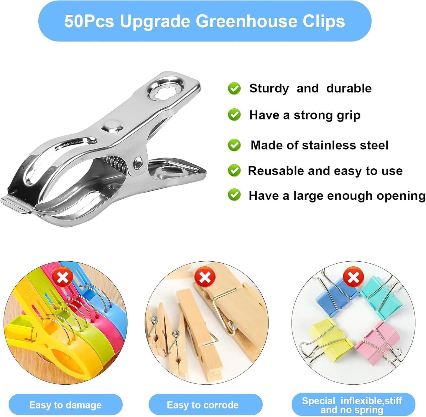 50 Pcs Garden Clips, 2.3 inch Greenhouse Clamps, Stainless Steel Greenhouse Clip for Netting, Heavy Duty Row Cover Clips with a Strong Grip for Shade Cloth or Plant Cover on Gardening Hoops karmiero