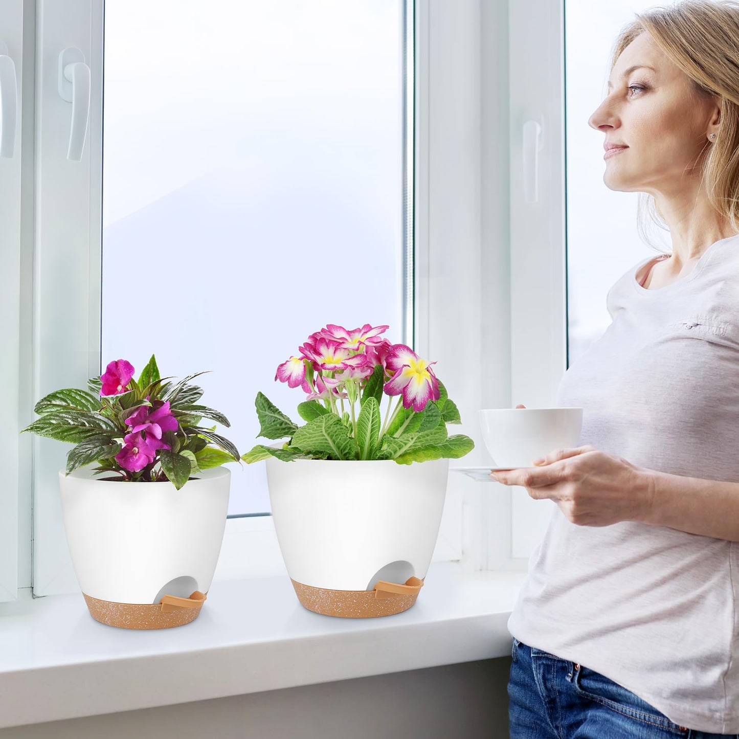 Plant Pots 10/9/8/7.5/7 Inch Self Watering Pots, Set of 5 Plastic Planters with Drainage Holes and Saucers,Plastic Flower Pots,Nursery Planting Pot for Indoor Out Door Plants(Green)