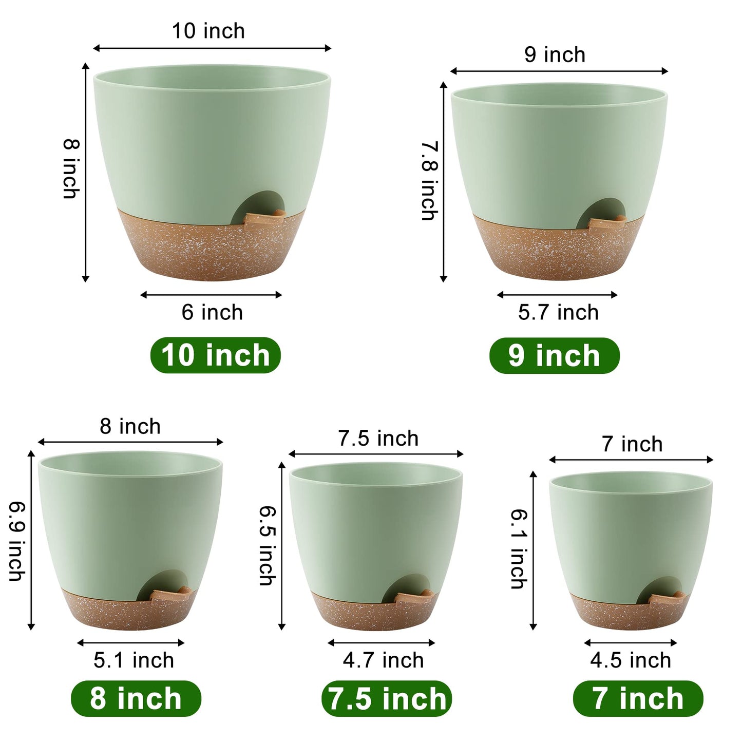 Plant Pots 10/9/8/7.5/7 Inch Self Watering Pots, Set of 5 Plastic Planters with Drainage Holes and Saucers,Plastic Flower Pots,Nursery Planting Pot for Indoor Out Door Plants(Green)