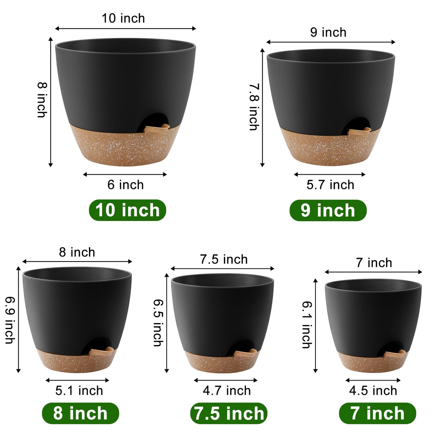 Plant Pots 10/9/8/7.5/7 Inch Self Watering Pots, Set of 5 Plastic Planters with Drainage Holes and Saucers,Plastic Flower Pots,Nursery Planting Pot for Indoor Out Door Plants(Green)