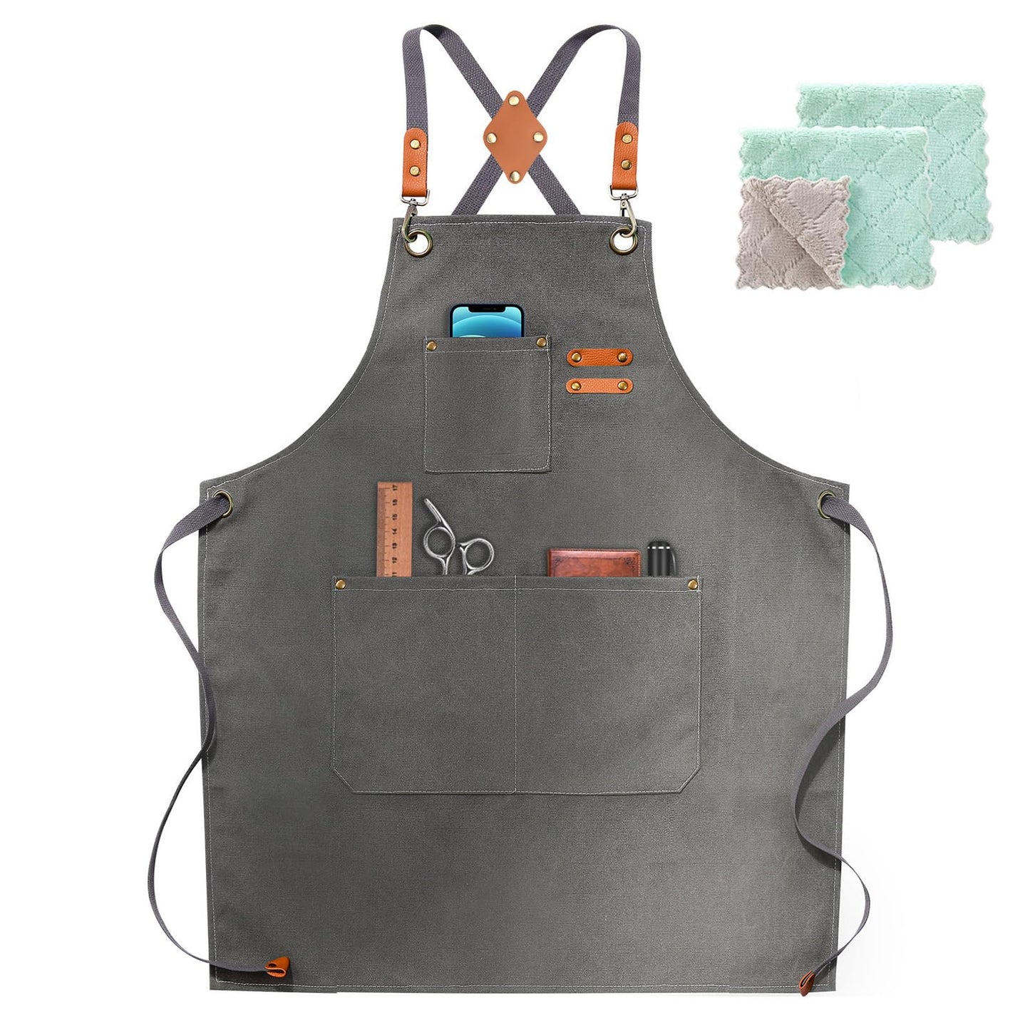 Chef Apron, Cotton Canvas Gardening Apron with Large Pockets for Men and Women,Kitchen Cooking Baking Bib Heavy Duty Adjustable Garden Apron