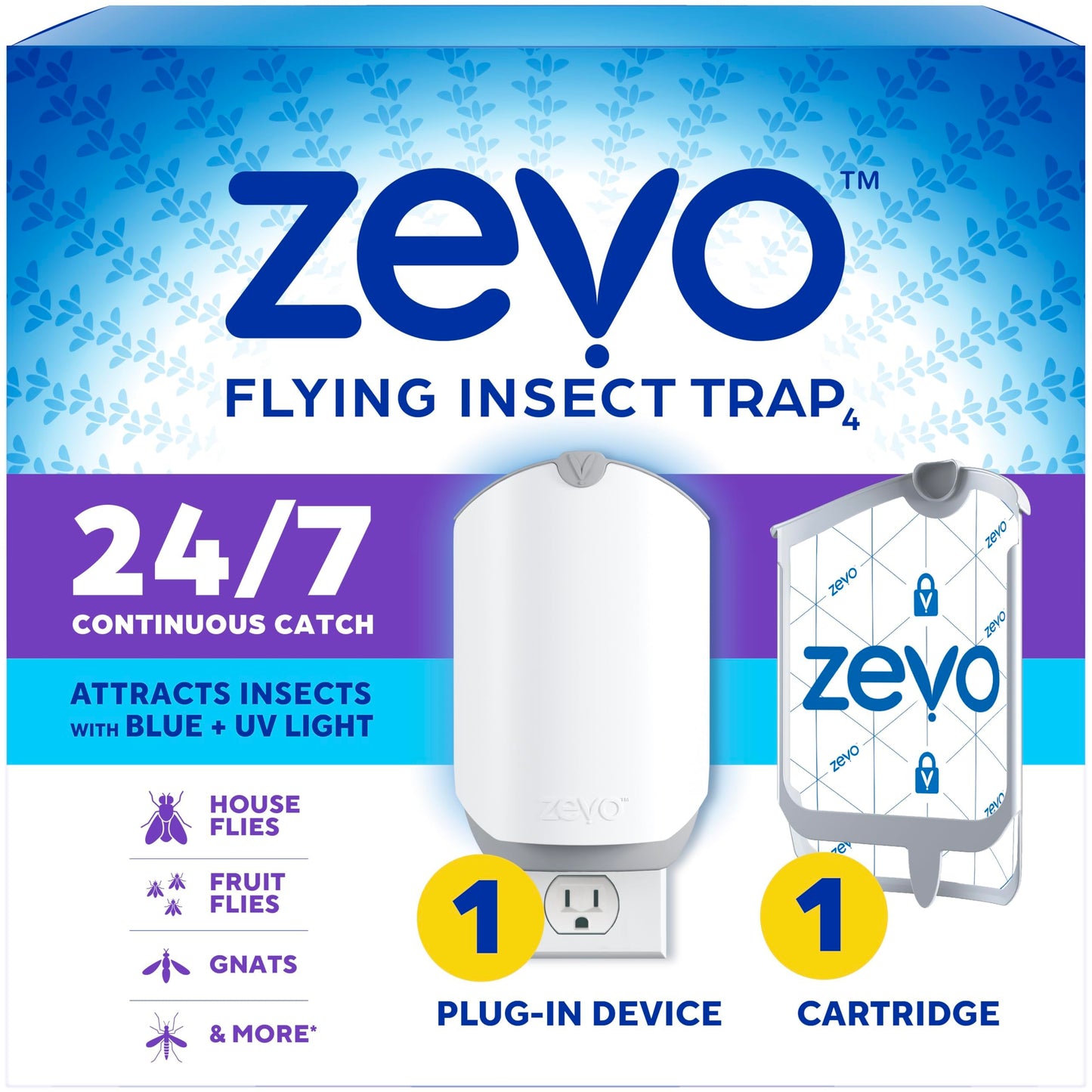 Zevo Flying Insect Trap & 3 Refill Cartridges - Plug in Fly Trap & Indoor Bug Catcher for Gnats, House & Fruit Flies - Blue & UV Light Technology, Mess-Free Alternative to Bug Zapper