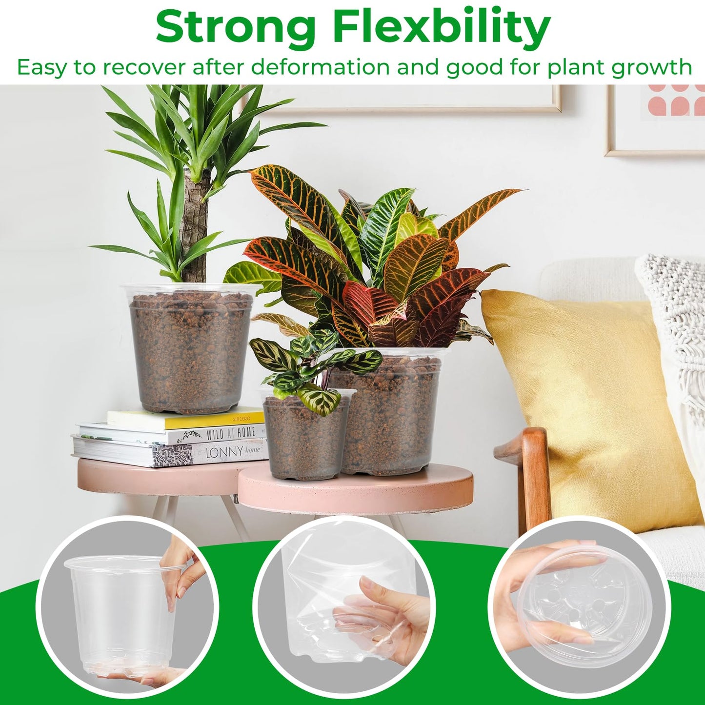 50 Pack 3/4/5/6/7 Inch Clear Nursery Pots with Drainage Holes, Durable Plastic Nursery Pots for Plants, Succulents, Herbs, Flowers, and Vegetable Seedlings (3+4+5+6+7 inch)