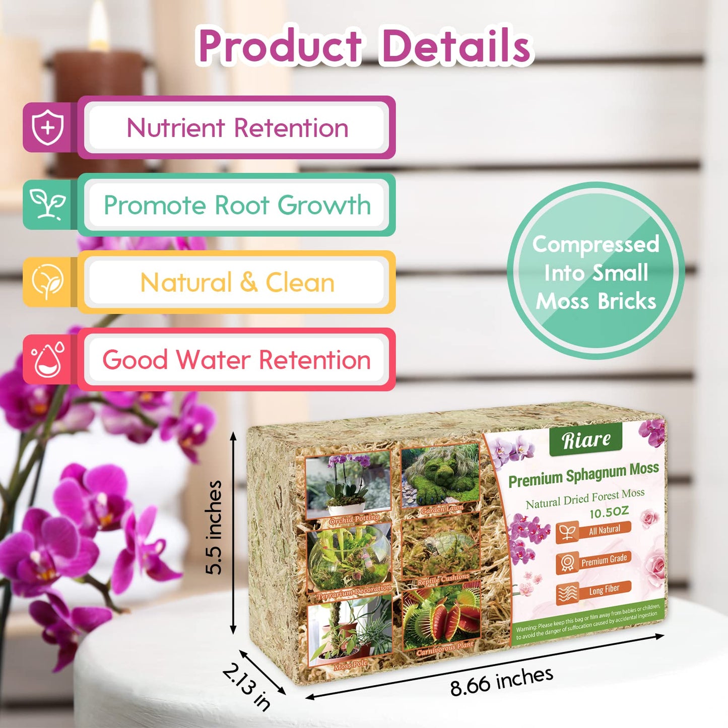 Riare 2.2 LB Premium Sphagnum Moss for Plants- 40QT Natural Long Fibered Sphagnum Peat Moss Plants Moss Dried, Carnivorous Plants Moss Orchid Potting Mix for Orchids, Carnivorous Plants, Succulent