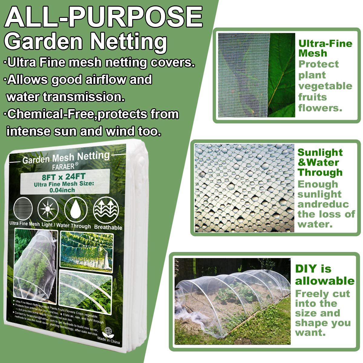 Garden Netting, Plant Covers 10x33Ft Net Ultra Fine Mesh Protection Netting for Vegetable Plants Fruits Flowers Crops Greenhouse Row Cover Raised Bed Barrier Screen Protection Net Cover