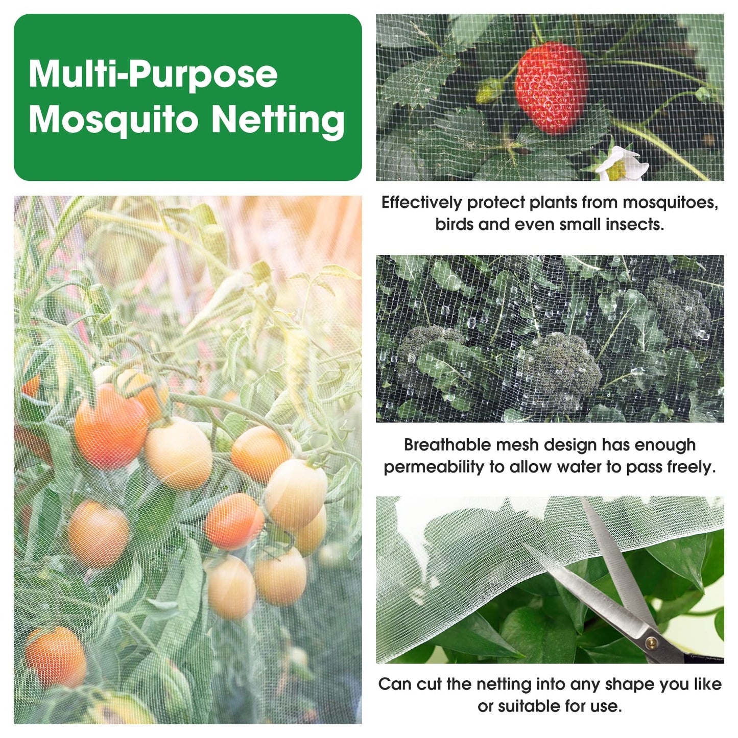 Unves Garden Netting, 10 x 50 Ft Insect Bird Netting for Garden Protection, Ultra Fine Mesh Mosquito Net for Patio Vegetable Plants Fruit Tree, Birds Pests Bugs Plant Covers
