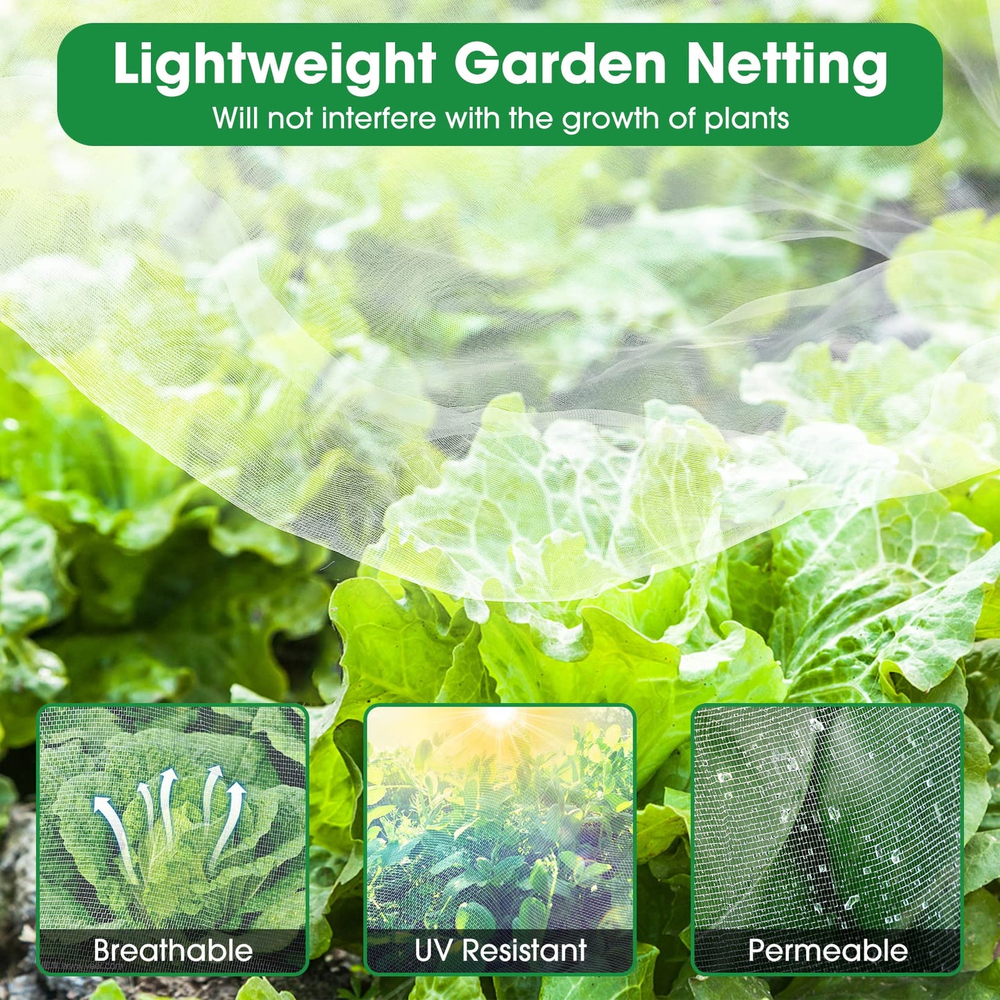Unves Garden Netting, 10 x 50 Ft Insect Bird Netting for Garden Protection, Ultra Fine Mesh Mosquito Net for Patio Vegetable Plants Fruit Tree, Birds Pests Bugs Plant Covers