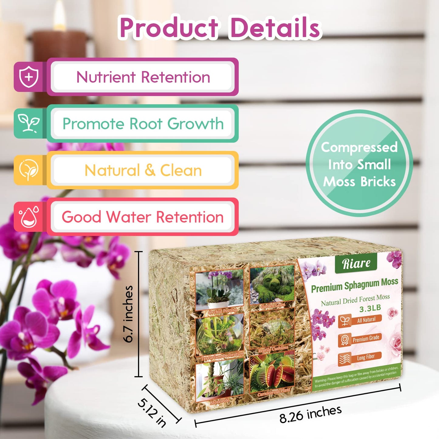 Riare 2.2 LB Premium Sphagnum Moss for Plants- 40QT Natural Long Fibered Sphagnum Peat Moss Plants Moss Dried, Carnivorous Plants Moss Orchid Potting Mix for Orchids, Carnivorous Plants, Succulent