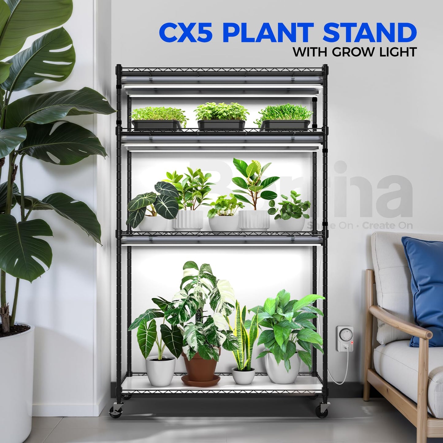 Barrina Mini Greenhouse with LED Grow Light for Indoor Plant, 4-Tier Portable Metal Plant Stand with Wheels, Plant Shelf with Tent, 6Pcs Plant Light with Timer and Thermo-Hygrometer, 35.4x13.8x59IN
