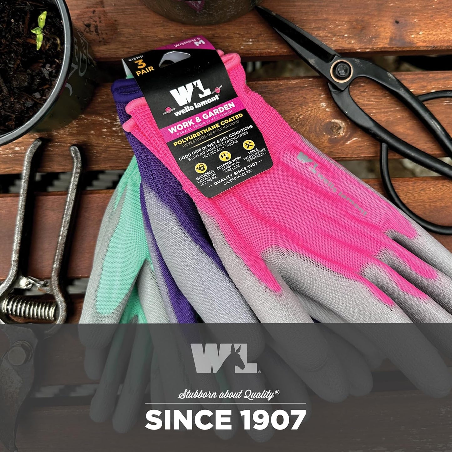 Wells Lamont 3 Pair Pack Women’s Gardening Gloves | PU Coated Grip Work Gloves| Each Pack Includes Pink, Green, Purple | Medium (413MF)