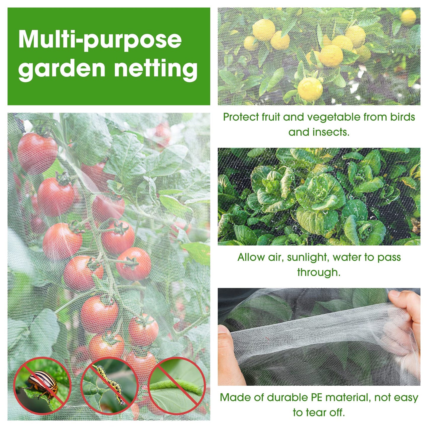 Unves Garden Netting, 10 x 50 Ft Insect Bird Netting for Garden Protection, Ultra Fine Mesh Mosquito Net for Patio Vegetable Plants Fruit Tree, Birds Pests Bugs Plant Covers