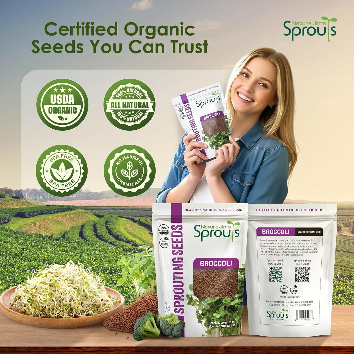 Nature Jims Sprouts Organic Broccoli Seeds for Sprouting – Certified Non-GMO, Rich in Sulforaphane, Swift-Growing Microgreen Seeds for Nutritious Broccoli Sprouts – Ideal for Indoor/Outdoor Use – 8oz