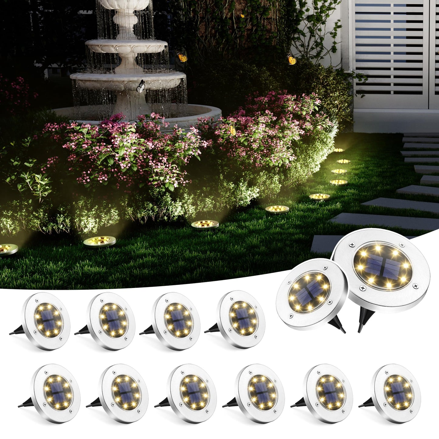 SOLPEX Solar Ground Lights, 12 Pack Solar Lights Outdoor Waterproof, 8 LED Solar Powered Landscape Lighting for Garden Yard Patio Pathway Driveway Walkway (Cool White)