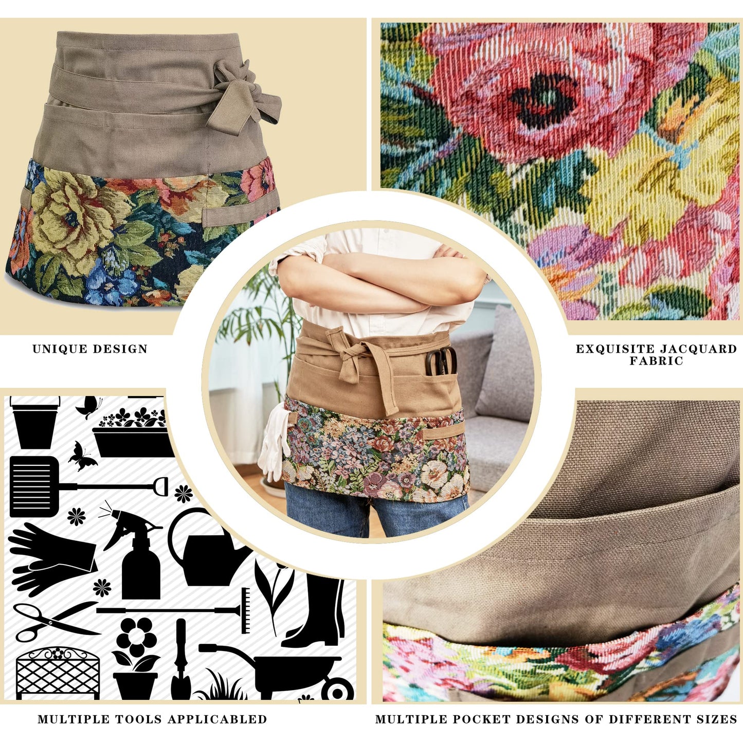Garden Apron for Woman, Serve Apron Cute, Flora Half Apron with 8 Pockets, Valentines Gift for Mom Wife Girlfriend