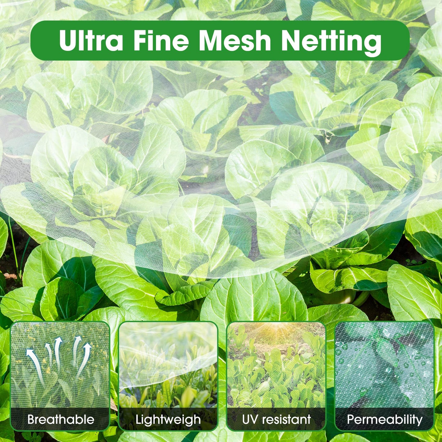 Unves Garden Netting, 10 x 50 Ft Insect Bird Netting for Garden Protection, Ultra Fine Mesh Mosquito Net for Patio Vegetable Plants Fruit Tree, Birds Pests Bugs Plant Covers