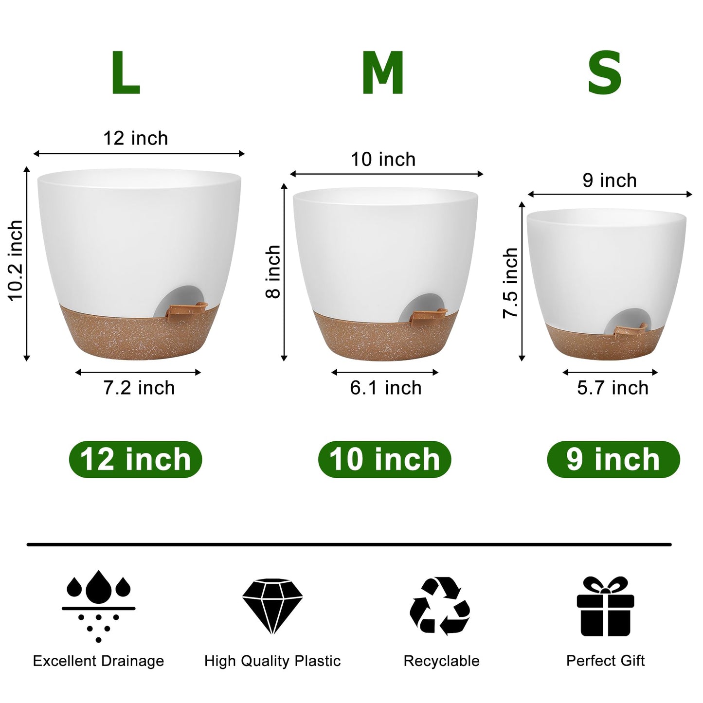Plant Pots 10/9/8/7.5/7 Inch Self Watering Pots, Set of 5 Plastic Planters with Drainage Holes and Saucers,Plastic Flower Pots,Nursery Planting Pot for Indoor Out Door Plants（Green）