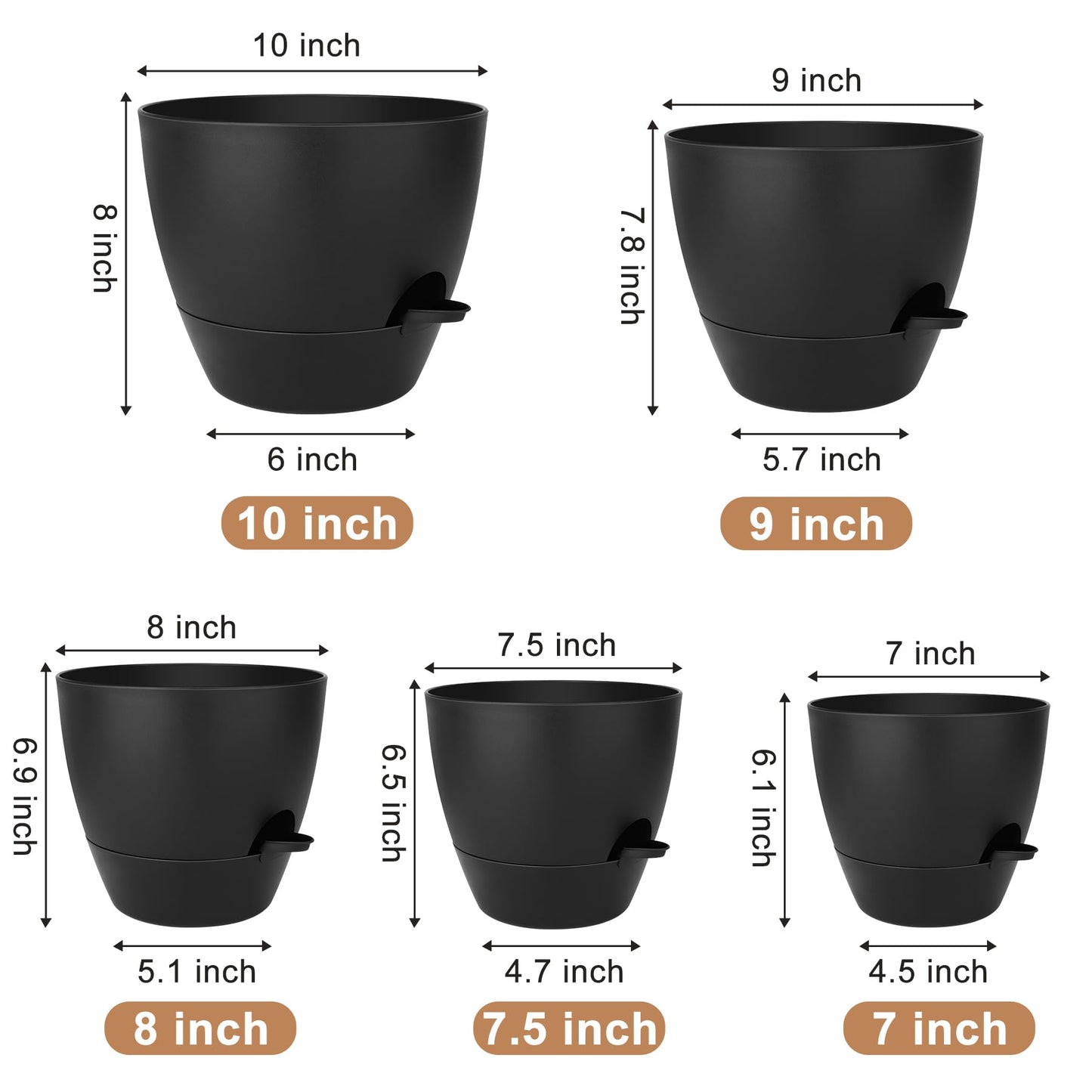 Plant Pots 10/9/8/7.5/7 Inch Self Watering Pots, Set of 5 Plastic Planters with Drainage Holes and Saucers,Plastic Flower Pots,Nursery Planting Pot for Indoor Out Door Plants（Green）