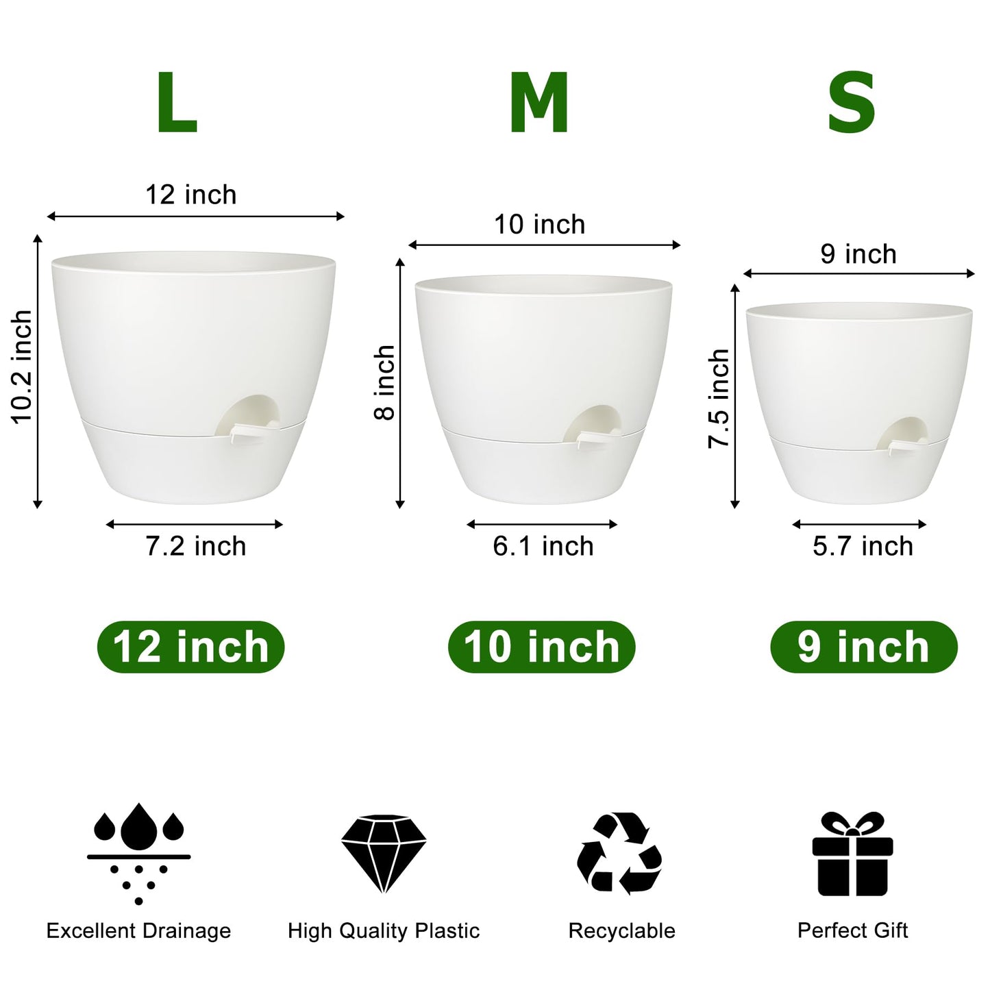 Plant Pots 10/9/8/7.5/7 Inch Self Watering Pots, Set of 5 Plastic Planters with Drainage Holes and Saucers,Plastic Flower Pots,Nursery Planting Pot for Indoor Out Door Plants（Green）