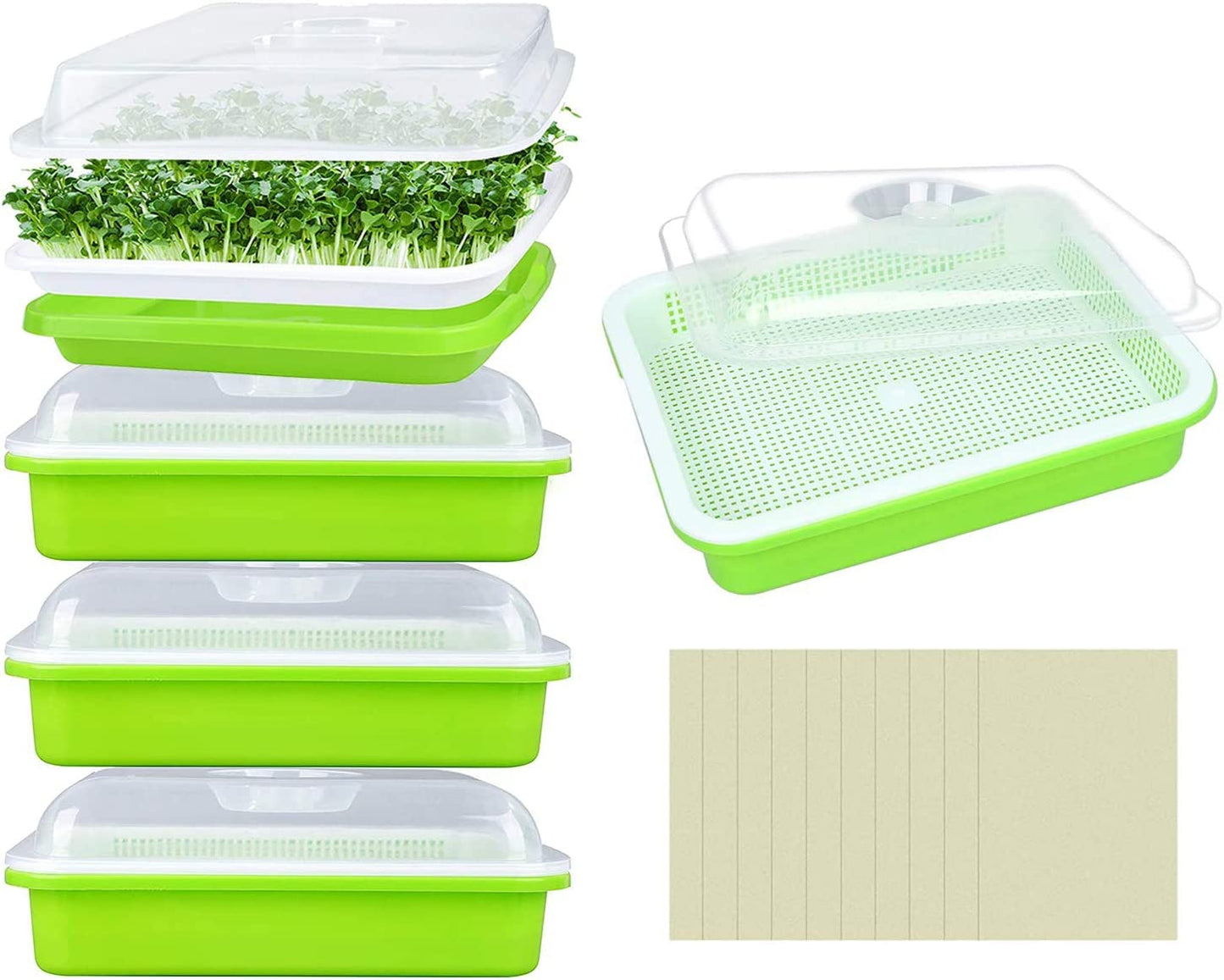 Legigo 10 Pack Green Seed Sprouter Trays- Soil-Free Cultivation Germination Tray, BPA Free Nursery Tray with Planting Paper for Indoors or Outdoors Sprouting Seeds, Grow Grass, Beans (Without Lids)