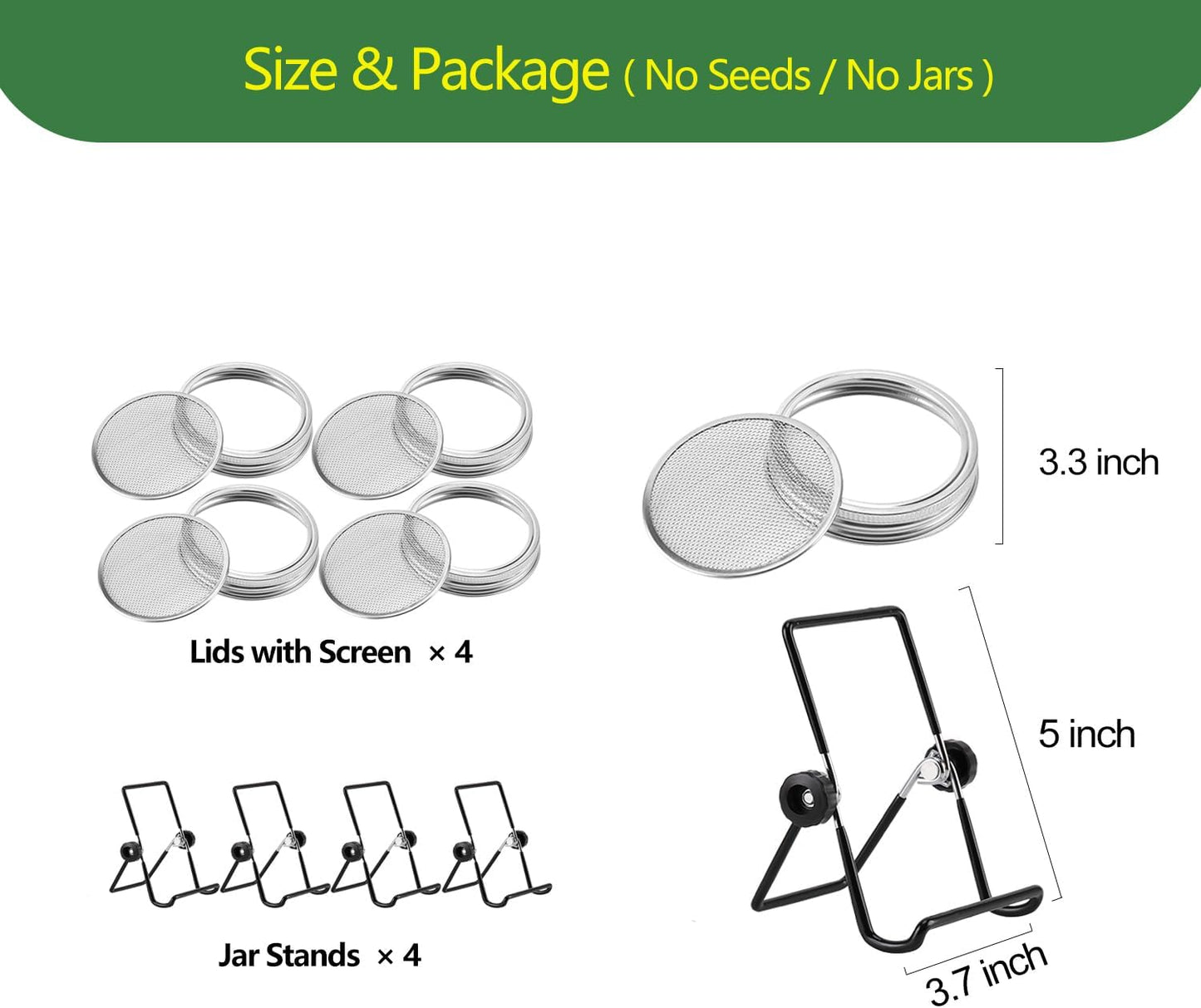 Sprouting Lids Growing Kit - 316 Stainless Steel Sprouting Lids for 86mm Wide Mouth Mason Jar with Adjustable Stands - Organic Sprouts, Broccoli, Alfalfa Mung Bean Sprout Kit (Set of 4)