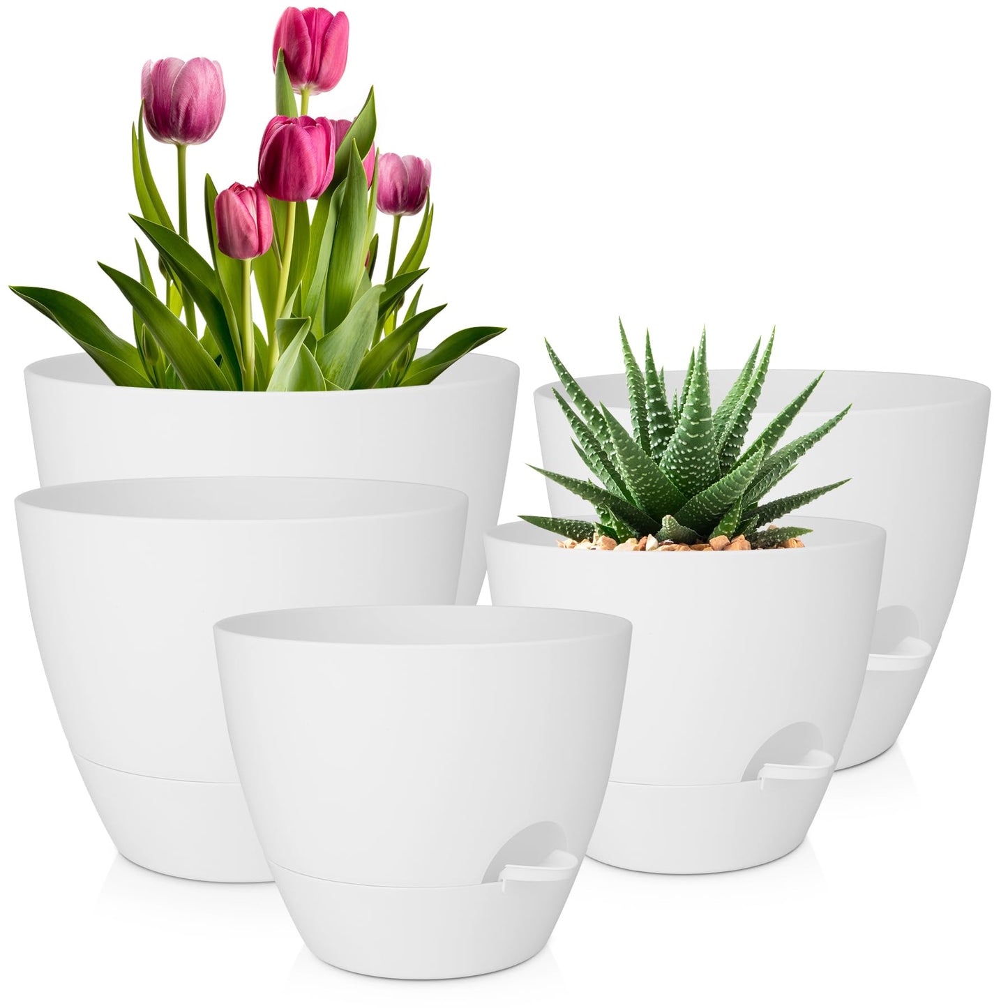 Plant Pots 10/9/8/7.5/7 Inch Self Watering Pots, Set of 5 Plastic Planters with Drainage Holes and Saucers,Plastic Flower Pots,Nursery Planting Pot for Indoor Out Door Plants（Green）