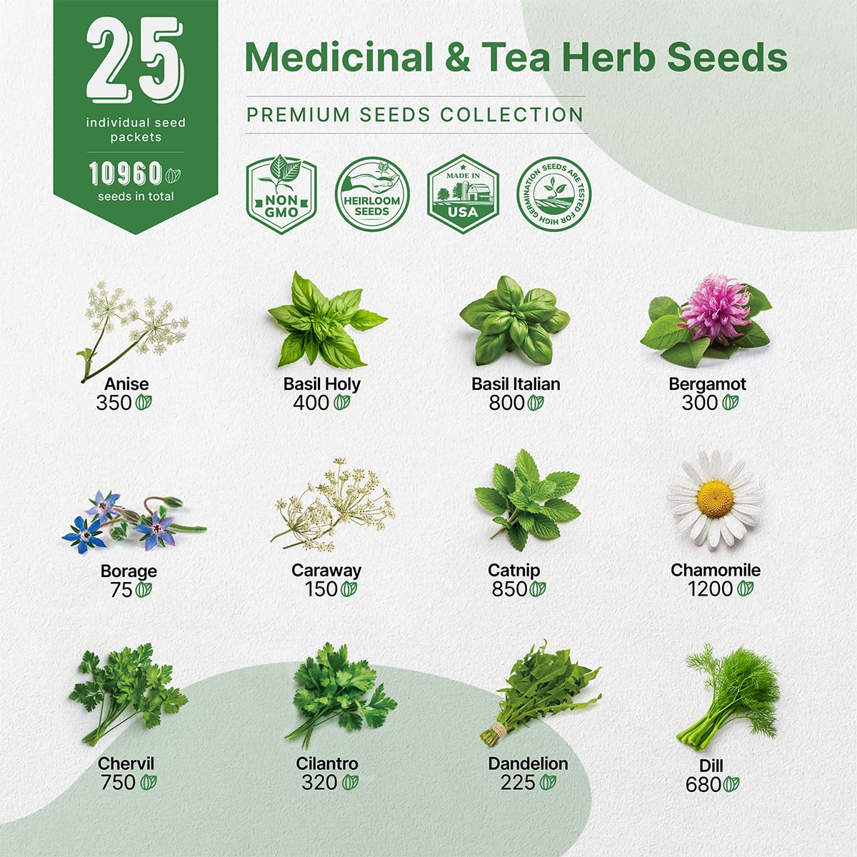 35 Medicinal & Tea Herb Seeds Variety Pack for Indoor & Outdoors. 16,335+ Non-GMO Heirloom Garden Seeds: Anise, Bergamot, Borage, Cilantro, Chamomile, Dandelion, Rosemary Seeds & More