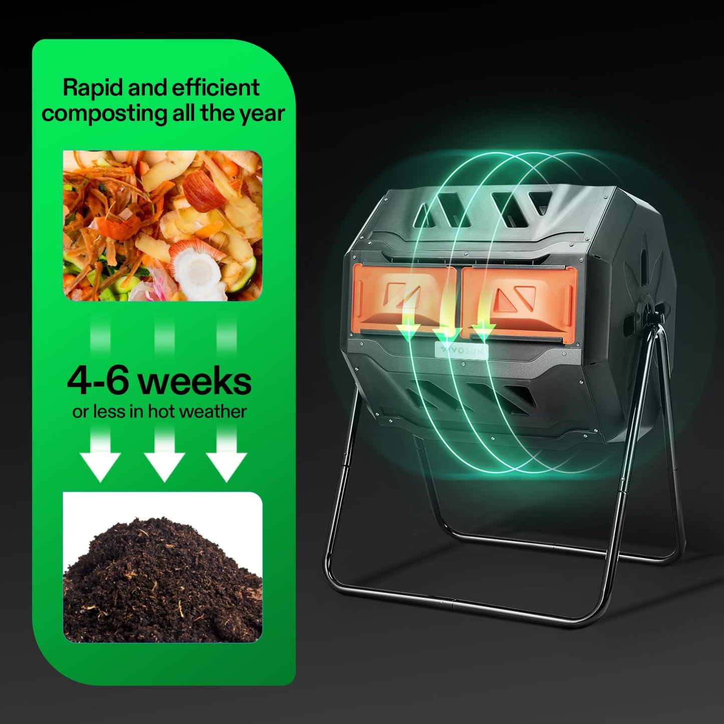 VIVOSUN Outdoor Tumbling Composter Dual Rotating Batch Compost Bin, 43 Gallon Black Door