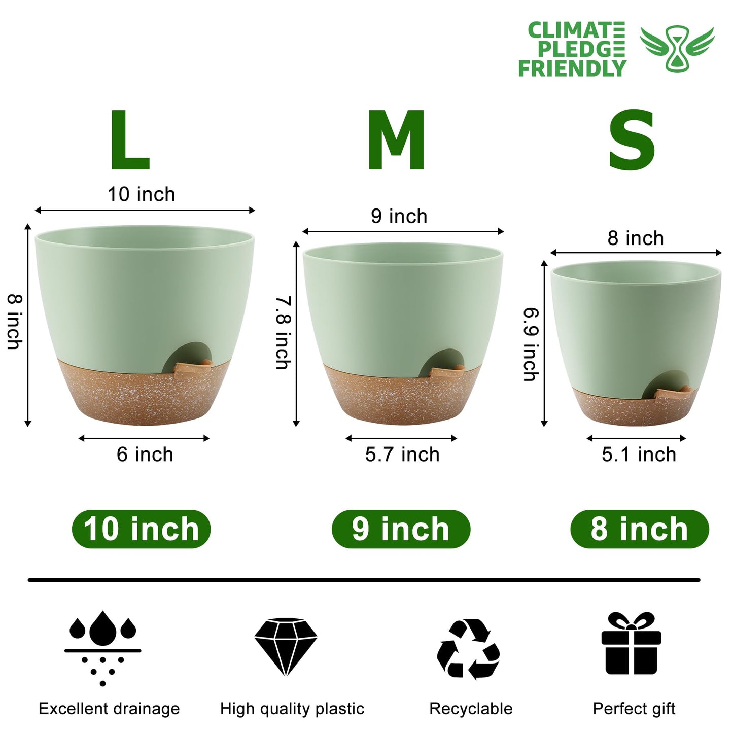 Plant Pots 10/9/8/7.5/7 Inch Self Watering Pots, Set of 5 Plastic Planters with Drainage Holes and Saucers,Plastic Flower Pots,Nursery Planting Pot for Indoor Out Door Plants（Green）