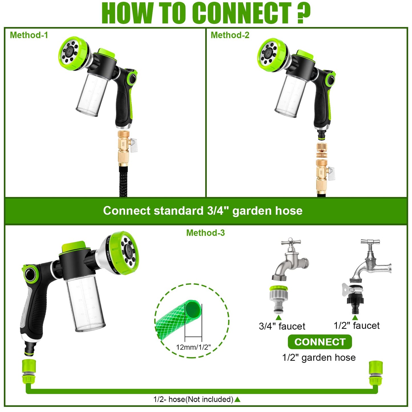8 in 1 Garden Hose Nozzle Sprayer, Upgrade Dog Wash Hose Attachment with 3.5OZ/100CC Soap Dispenser Bottle and Dog Shower Brush, Ideal for Watering Flowers, Car Washing, Dog and Horse Bathing