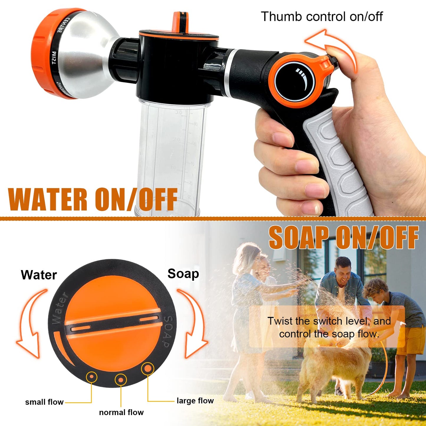8 in 1 Garden Hose Nozzle Sprayer, Upgrade Dog Wash Hose Attachment with 3.5OZ/100CC Soap Dispenser Bottle and Dog Shower Brush, Ideal for Watering Flowers, Car Washing, Dog and Horse Bathing