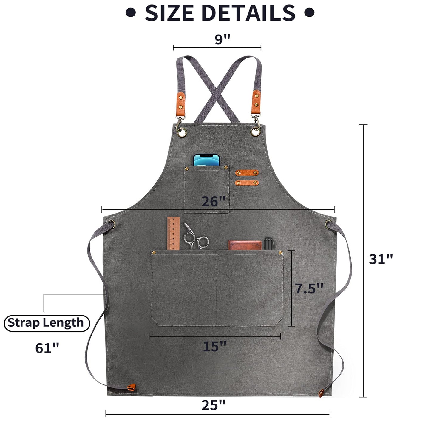 Chef Apron, Cotton Canvas Gardening Apron with Large Pockets for Men and Women,Kitchen Cooking Baking Bib Heavy Duty Adjustable Garden Apron