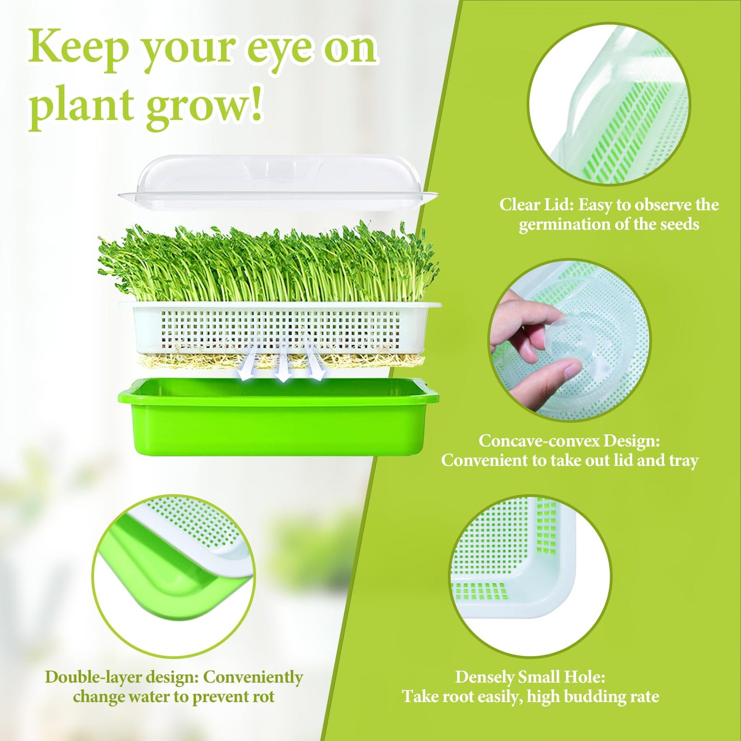 Legigo 10 Pack Green Seed Sprouter Trays- Soil-Free Cultivation Germination Tray, BPA Free Nursery Tray with Planting Paper for Indoors or Outdoors Sprouting Seeds, Grow Grass, Beans (Without Lids)