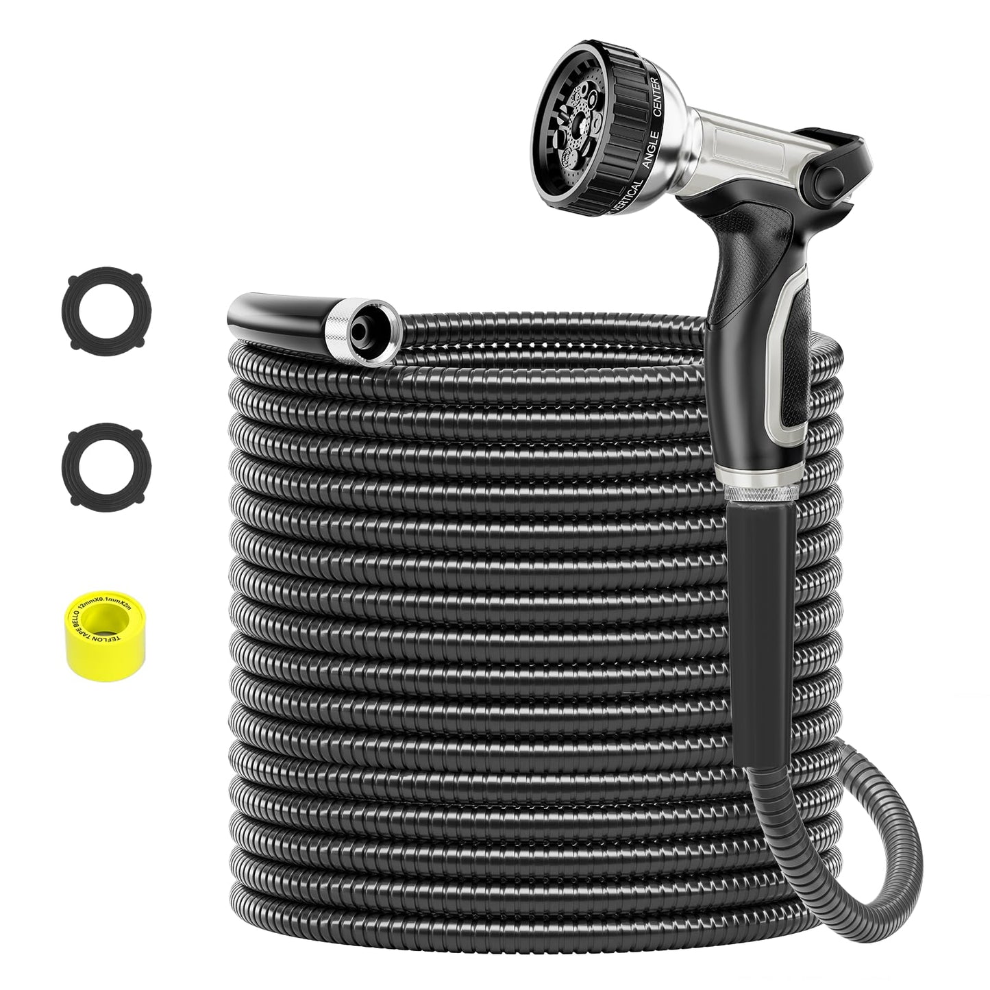 50ft 304 Stainless Steel Garden Hose Metal, Heavy Duty Water Pipe with Nozzles for Yard, Outdoor - Flexible, Never Kink & Tangle, Puncture Resistant (Sliver)