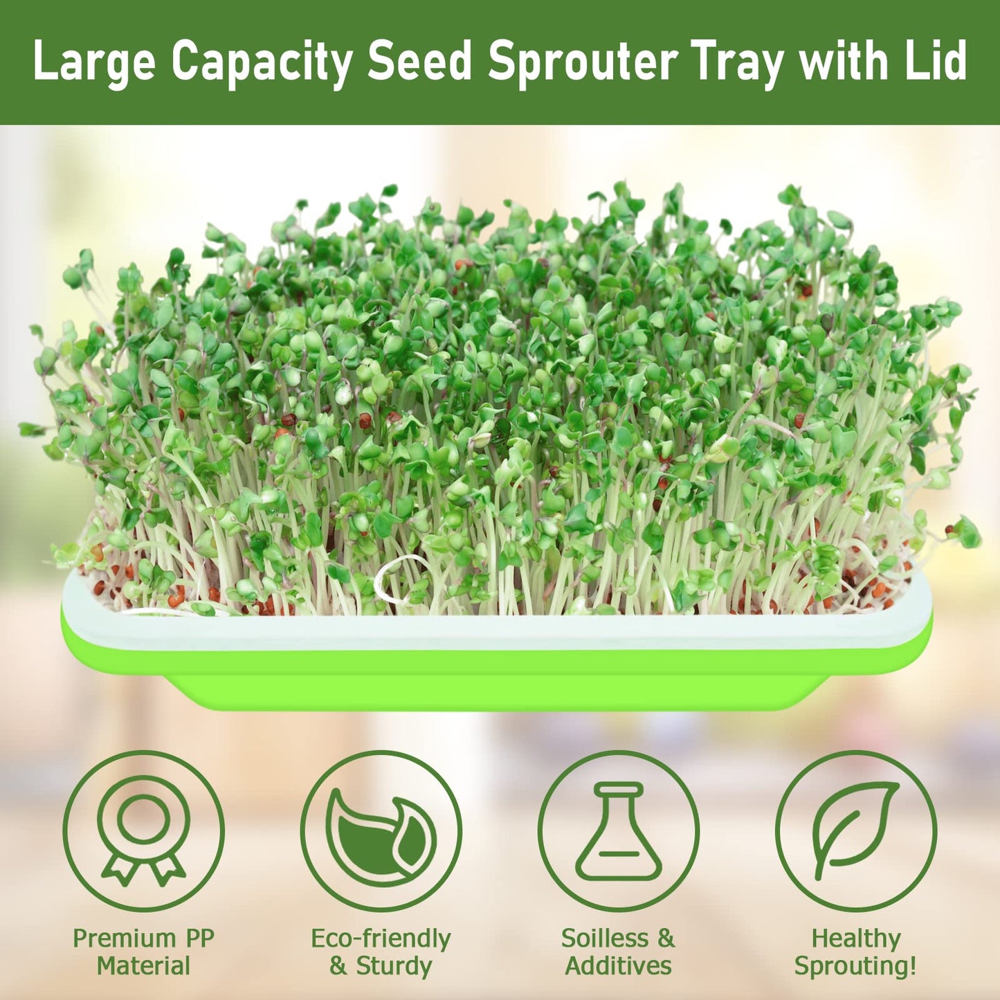 Legigo 10 Pack Green Seed Sprouter Trays- Soil-Free Cultivation Germination Tray, BPA Free Nursery Tray with Planting Paper for Indoors or Outdoors Sprouting Seeds, Grow Grass, Beans (Without Lids)