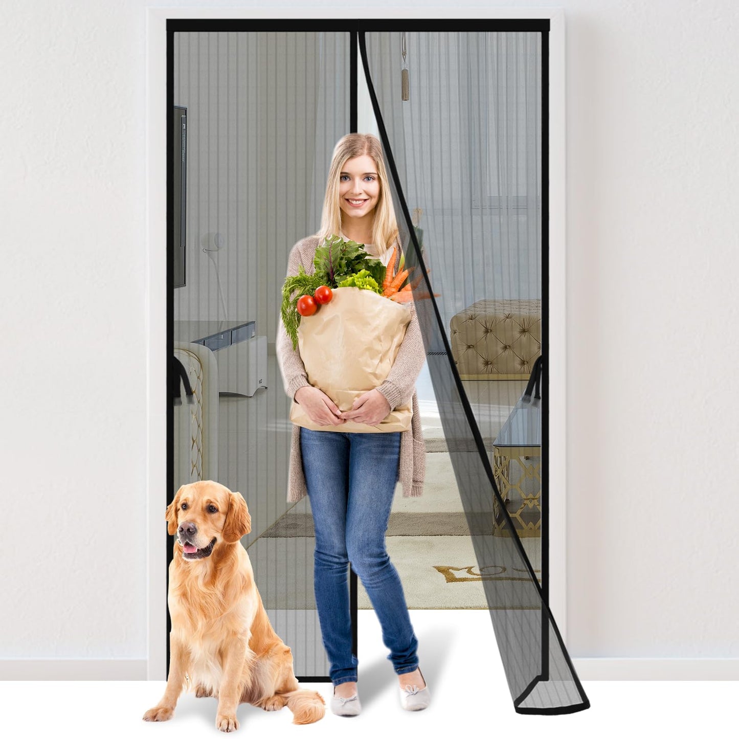 Magnetic Screen Door -Fit for Door Size:32x80 Inch, Hands Free Mesh Partition, Heavy Duty Screen Door Mesh Curtain Keeps Bugs Out, Frame Hook & Loop, Pet and Kid Friendly, Itself Size 34x82