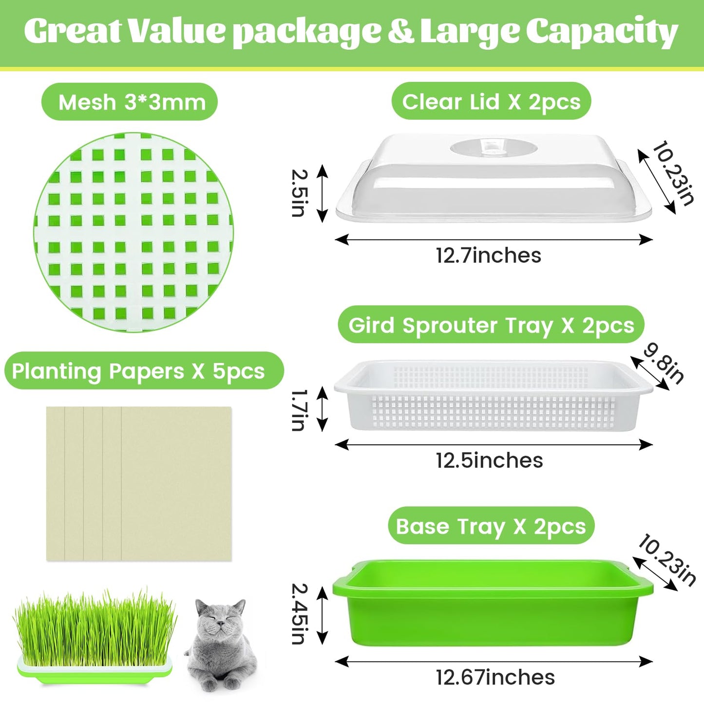 Legigo 10 Pack Green Seed Sprouter Trays- Soil-Free Cultivation Germination Tray, BPA Free Nursery Tray with Planting Paper for Indoors or Outdoors Sprouting Seeds, Grow Grass, Beans (Without Lids)