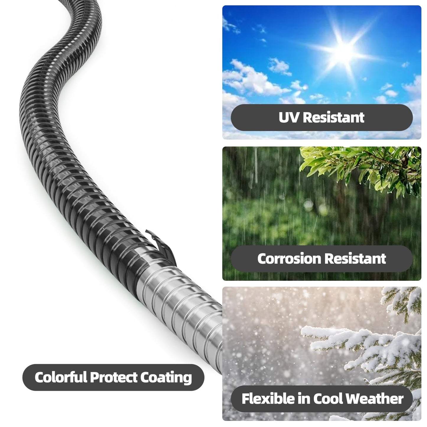 50ft 304 Stainless Steel Garden Hose Metal, Heavy Duty Water Pipe with Nozzles for Yard, Outdoor - Flexible, Never Kink & Tangle, Puncture Resistant (Sliver)