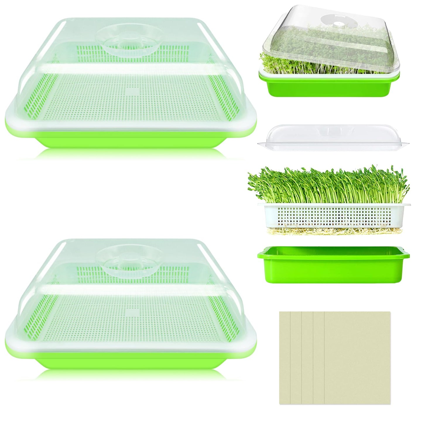 Legigo 10 Pack Green Seed Sprouter Trays- Soil-Free Cultivation Germination Tray, BPA Free Nursery Tray with Planting Paper for Indoors or Outdoors Sprouting Seeds, Grow Grass, Beans (Without Lids)
