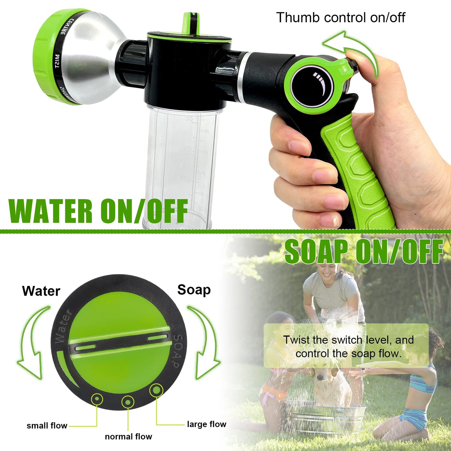 8 in 1 Garden Hose Nozzle Sprayer, Upgrade Dog Wash Hose Attachment with 3.5OZ/100CC Soap Dispenser Bottle and Dog Shower Brush, Ideal for Watering Flowers, Car Washing, Dog and Horse Bathing