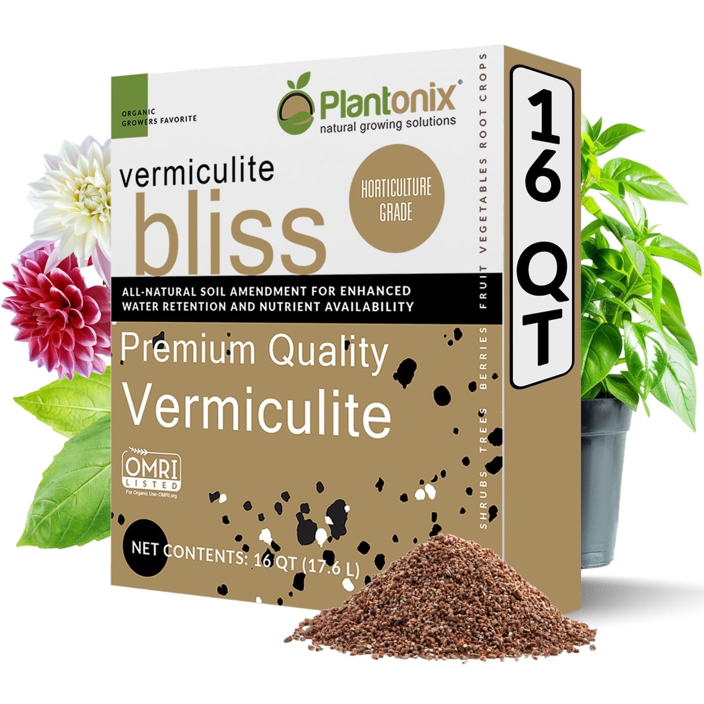 Vermiculite Bliss (16 Qts) - Organic Vermiculite for Gardening - Fine Grade Vermiculite for Plants - Coarse Vermiculite Soil Amendment - Bulk Vermiculite for Garden Soil, Perlite, & Seed Starting