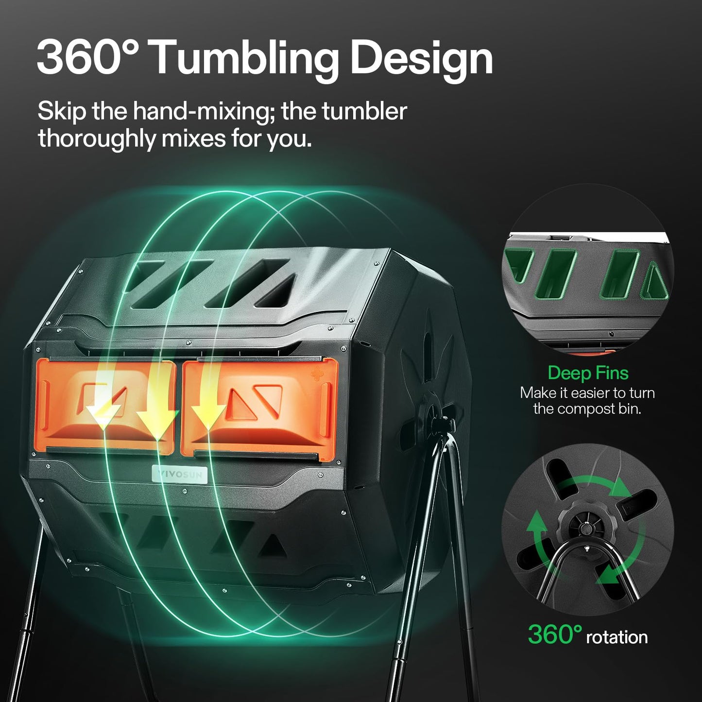 VIVOSUN Outdoor Tumbling Composter Dual Rotating Batch Compost Bin, 43 Gallon Black Door