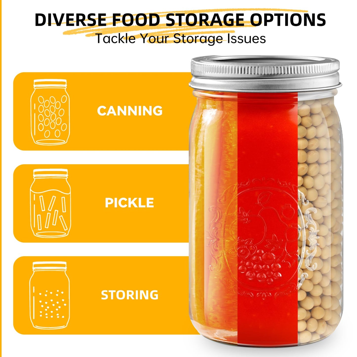 Wide Mouth Mason Jars 16 oz with Lids [6 Pack], Canning Jars with Metal Airtight Lids and Bands, 16 oz Glass Jars for Fermenting, Pickling, Freezing, Preserving, Meal Prep, Jar Décor