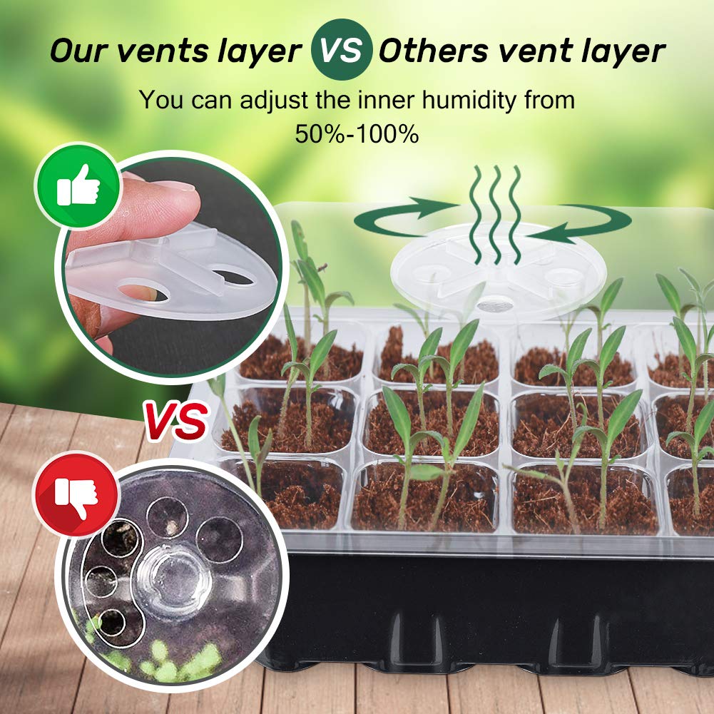 Bonviee 5-Pack Seed Starter Trays, Seed Starter Kit with Adjustable Humidity Dome and Base Indoor Greenhouse Mini Propagator for Seeds Growing Starting (12 Cells Per Tray, Green)