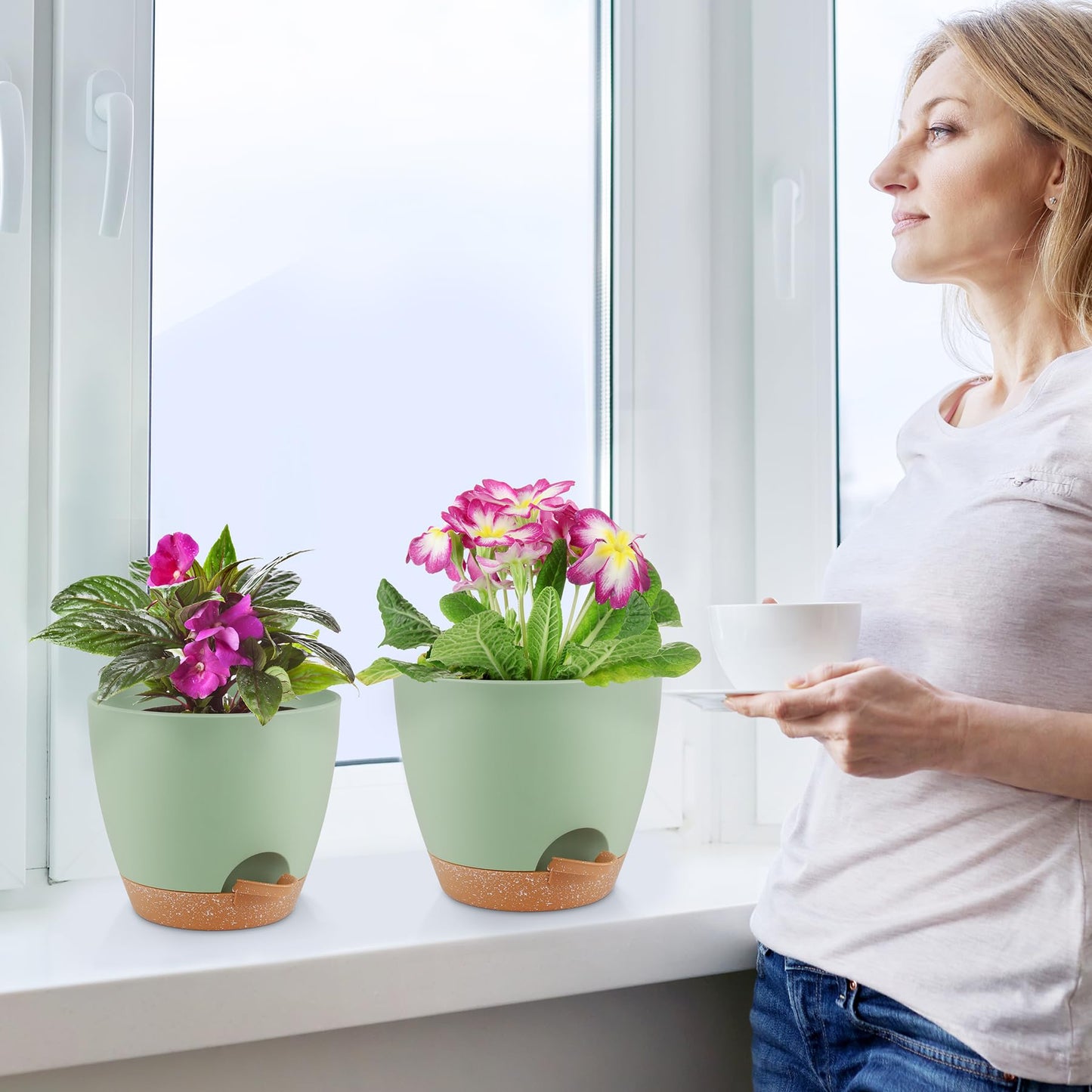 Plant Pots 10/9/8/7.5/7 Inch Self Watering Pots, Set of 5 Plastic Planters with Drainage Holes and Saucers,Plastic Flower Pots,Nursery Planting Pot for Indoor Out Door Plants（Green）