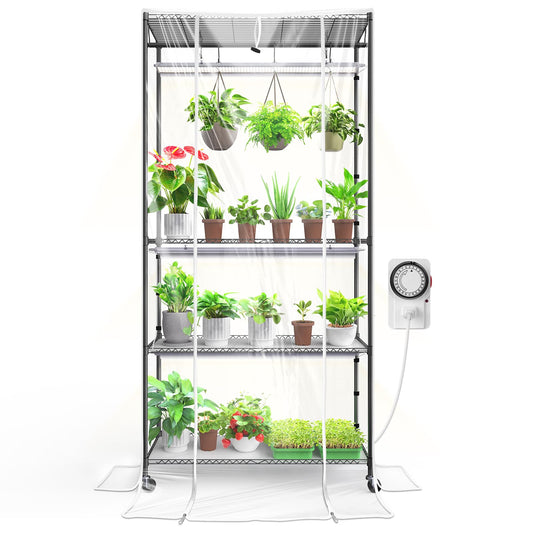 Barrina CX3Z Indoor Greenhouse with Grow Light, 4-Tier Metal Plant Stand with Zippered EVA Cover and Wheels, LED Full Spectrum 3FT 36W(per Light) Plant Growing Lamp with Timer, 35.4"x13.8"x70.9"